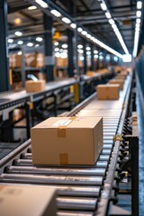 Naklejka premium A scene in an automated warehouse showing a conveyor system transporting cardboard parcels.
