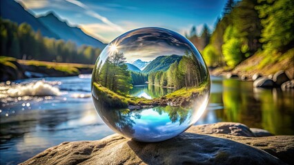 Abstract natural landscape with a river inside a crystal globe, nature, landscape, crystal, globe, abstract, river