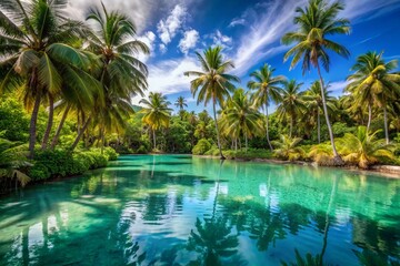 Obraz premium Serene turquoise lagoon surrounded by lush greenery and majestic palm trees, perfect for illustrating exotic island getaways and idyllic tropical escapes.