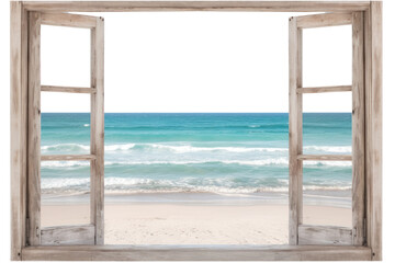 Rustic wooden window overlooking a tranquil seashore, with gentle waves lapping against the sandy beach, isolated on white background.