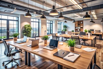 Modern office interior with empty desks, laptops, and scattered papers, conveying a sense of collaboration and teamwork on a innovative business project.