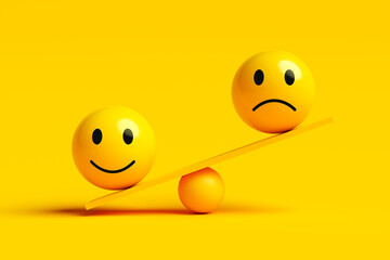 Balancing emotions happy and sad emojis on a seesaw