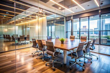 Blurred conference room with modern furniture and sophisticated decor visible through transparent glass wall, conveying importance and professionalism in a corporate setting.
