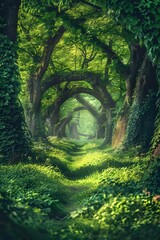 A mystical forest with ancient trees and green grass fantasy background