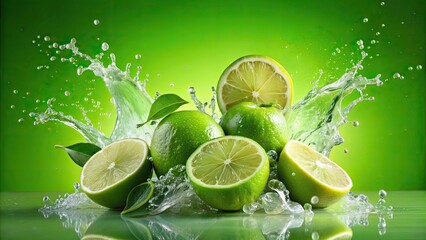 Fresh limes water explosion in a light green background, limes, water, explosion, splash, fresh, vibrant, citrus, fruit