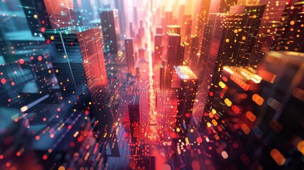 Vibrant cityscape with abstract digital elements, showcasing futuristic urban life through colorful light patterns and modern architecture.