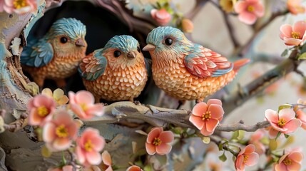 Naklejka premium Close-up of three colorful bird figurines perched on a branch with pink blossoms, creating a charming spring scene.