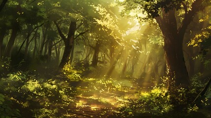 Obraz premium Enchanting forest clearing with dappled sunlight filtering through dense trees, creating a serene and magical ambiance. 