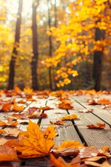 Background of autumn leaves on wooden deck in forest