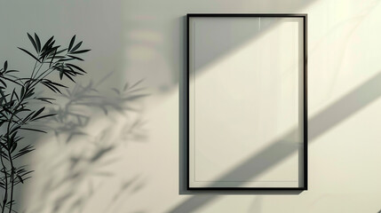 A high-definition image of a minimalist photo frame with a black border fixed on a white wall