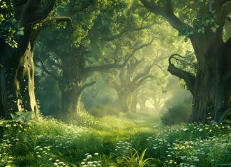 A mystical forest with ancient trees and green grass fantasy background