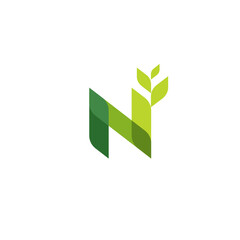 N logo with growing plant, green leaf color vector