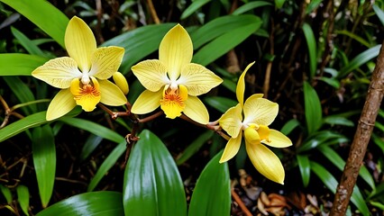 Obraz premium Three yellow orchids in bloom with green leaves in the background.