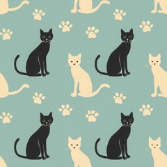 Seamless pattern of black and white cats with paw prints on a blue background.
