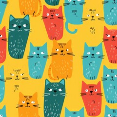 A cheerful seamless pattern with colorful cartoon cats on a yellow background.  Perfect for fabric, wallpaper, or wrapping paper.