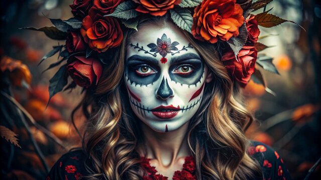 Hauntingly beautiful sugar skull makeup with a floral headdress for the Day of the Dead celebration