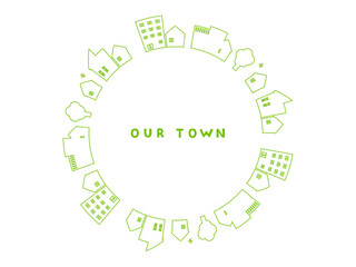 円状に配置した家や建物など町並みのイラストセット