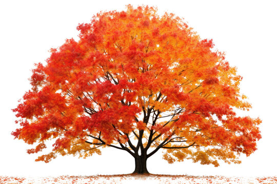 An autumnal maple tree ablaze with fiery hues of red, orange, and yellow, a breathtaking display of nature's artistry on white background