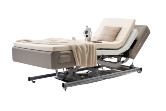 An adjustable bed with a remote control and a variety of positions, isolated on a white background.