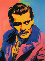Fototapeta premium Pop art portrait of a dandy male model with vibrant colors, red background, and multicolored hues. Expressive, dynamic composition with bold lines and high contrast.