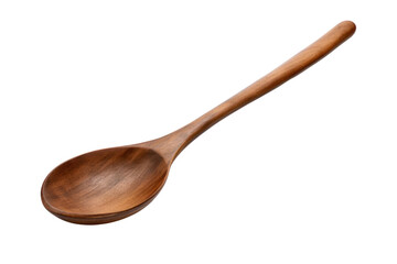 A wooden ladle with a smooth, curved bowl and a rustic handle, isolated on a white background