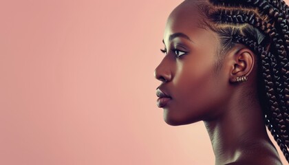 Profile Portrait of African Woman with Elegant Braids Against Pastel Background, Copy Space for Text