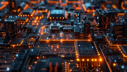 Obraz premium Glowing Circuitry Landscape, Abstract Representation of Digital Connectivity, Technological Background