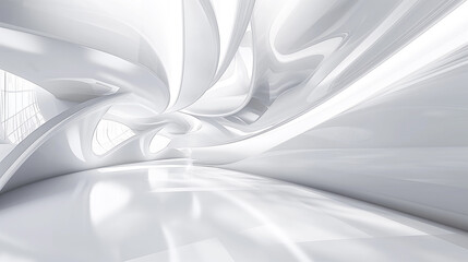 Fototapeta premium 3D rendering. Abstract background with abstract curved landscape. White wavy shapes, wavy, architectural abstraction banner template, modern blurred curves.