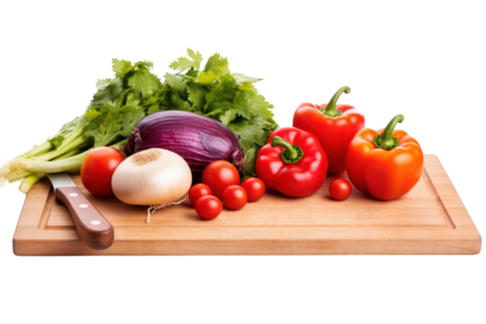 A wooden cutting board with a sharp chef's knife and fresh vegetables scattered around it. Isolated on white background