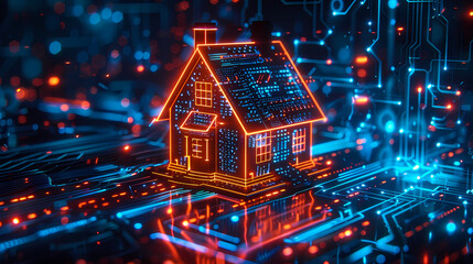 Obraz premium Holographic digital house on circuit board background, technology and smart home concept