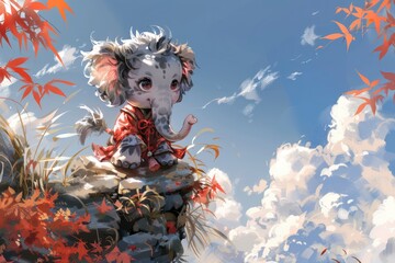  A happy baby elephant rides on a cloud, white and blue color, peaceful, white, flat, style uses simple, colorful ink washes in a cartoon