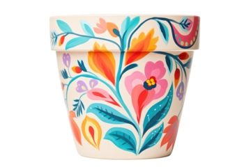 A whimsical, hand-painted flower pot adorned with colorful floral patterns, isolated on a white background.