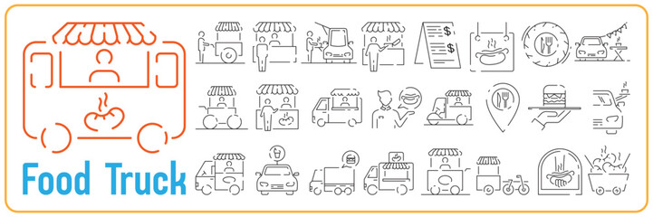 Street food truck line icons set. Trade van. Mobile cafe car. Transport to cook and sell meals. Vector illustration