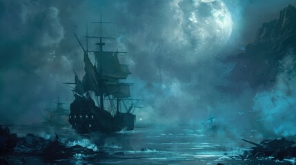 Haunting Encounter: Ghostly Pirate Crew on Spectral Ship Sailing the Moonlit Sea in Eerie Atmosphere