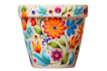 A whimsical, hand-painted flower pot adorned with colorful floral patterns, isolated on a white background.