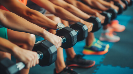 Close-up of a group of people lifting dumbbells off the floor. With fitness equipment behind people exercising and building muscles at the gym; healthy lifestyle