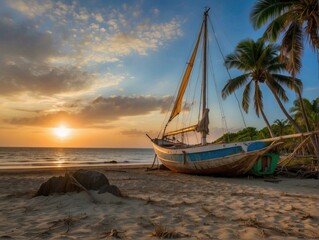 Fototapeta premium Sailboat resting on a sandy beach at sunset. AI.