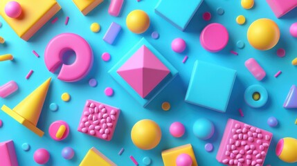 Vibrant geometric shapes in pink, blue, and yellow creating a playful abstract pattern on a bright background.