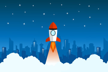 Night cityscape rocket flying background