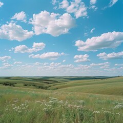 Obraz premium A beautiful landscape of a green field with white flowers under a blue sky with white clouds. AI.