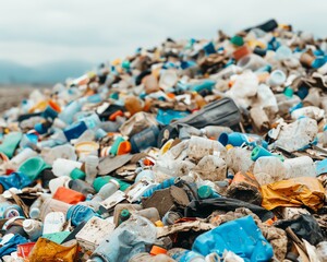 Obraz premium Pile of plastic waste in a landfill, overwhelming amount, environmental impact