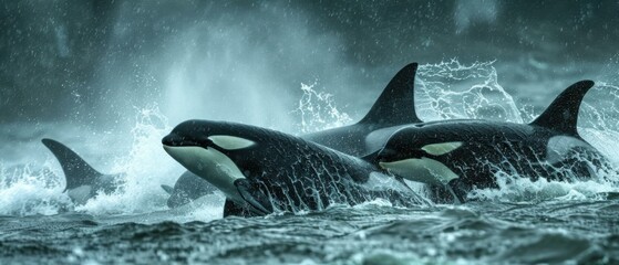 Orcas leaping out of the water. AI.
