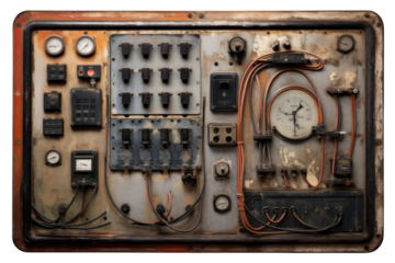 A weathered industrial electrical control panel with intricate wiring and gauges, isolated on a white background