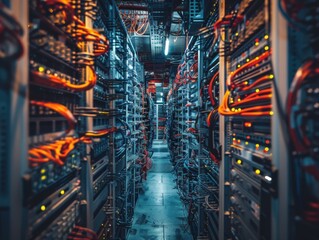 Rows of server racks with blinking lights in a data center. AI.