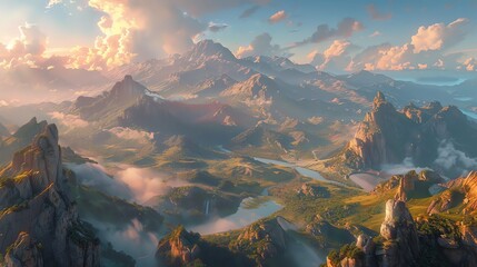 Majestic mountain range with dramatic cloudscape at sunset.