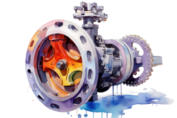 A watercolor painting of a butterfly valve with vibrant colors and soft brushstrokes, isolated on a white background