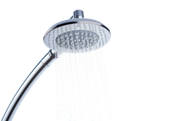 A water-saving showerhead with a low flow rate, isolated on a white background