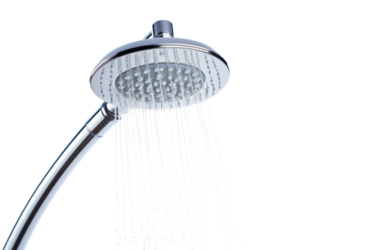 A water-saving showerhead with a low flow rate, isolated on a white background