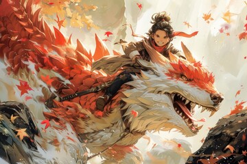  A smiling boy rides on a giant dingo, orange and brown color, content, white, flat, style uses simple, colorful ink washes in a cartoon.