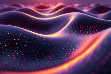 Silky 3D wavy purple and orange gradient background with vibrant glowing particles.